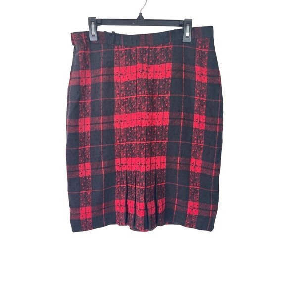 JS Scherrer Vintage Womens Pencil Skirt Size Large Black Red Plaid Wool Paris - Picture 2 of 14